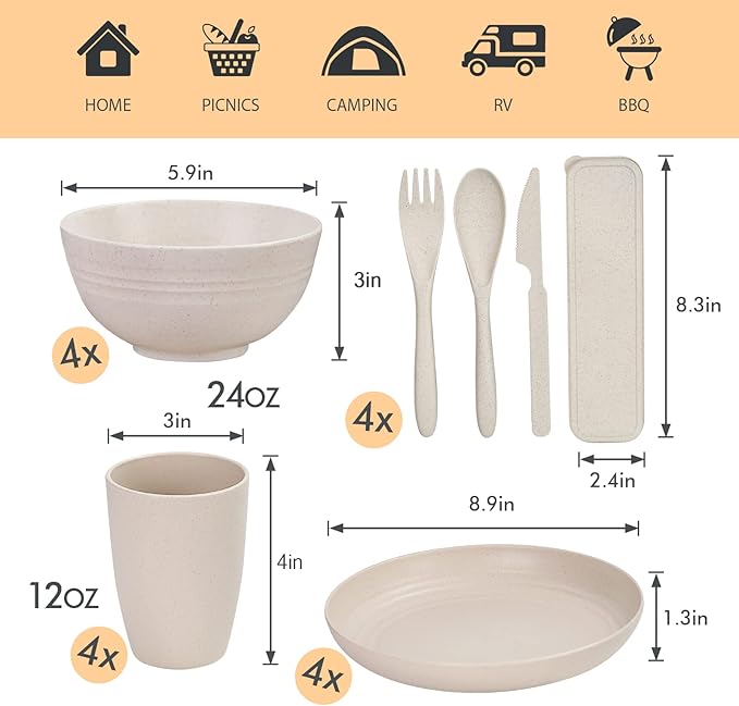 Wheat Straw Dinnerware Sets for 4, Wheat Straw Plates and Bowls Sets Kitchen Dishes 28pcs College Dorm Room Essentials Cutlery Set Microwave Safe (Beige)