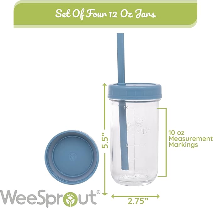 WeeSprout Glass Cups With Lids & Straws, Spill-Resistant Smoothie Cups for Toddlers & Kids, Baby Food Storage & Snack Jars, XL Silicone Straws, Easy-Grip Sleeves, 12 oz, Set of 4