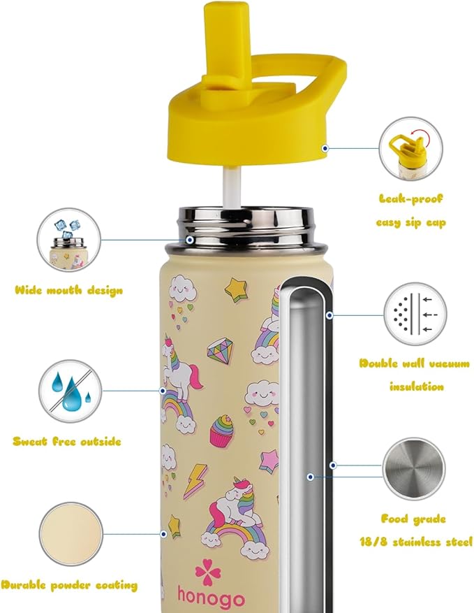 16 oz Stainless Steel Insulated Kids Water Bottle, Leak Proof Metal Thermal Flask with Straw lid, Cute Toddler Tumbler Cup for School Girls & Boys (Beige, Unicorn)