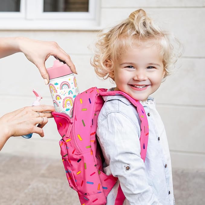 SANDJEST Kids Water Bottle with Straw Lid, Pack of 2 Insulated 12 Oz Stainless Steel Water Bottles for Girls, Travel Cup for School Sports, Unicorn - Rainbow