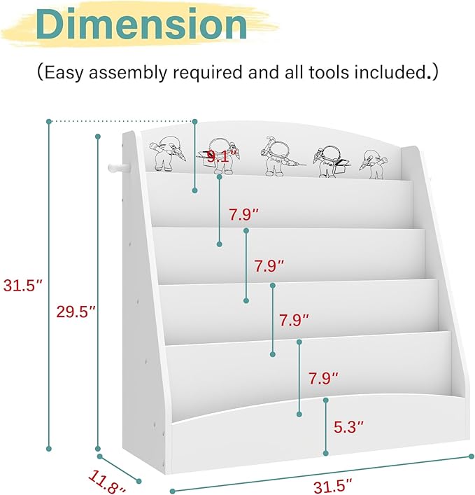 5-Tier Kids Bookshelf Montessori Toddler Book Rack Baby Bookcase Floor Front Facing Magazine Display Shelf for Bedroom Playroom Nursery Classroom Kindergarten Wood (White)