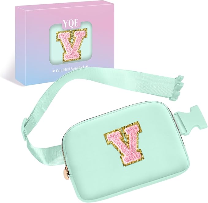 Birthday Gifts for 6 7 8 9 10 11 12 13 Year Old Girls, Personalized Crossbody Bags with Initial Letter Patch Fanny Pack Belt Bag for Teen Girls Cute Travel Essentials Trendy Stuff (Green,V)