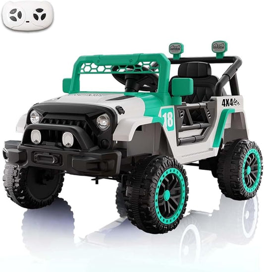 12V Kids Car, 4x4 Electric Car for Kids with Remote Control, LED Headlights & Music, Ride-On Truck Toy Gift for Boys Girls 3-8 Years (Jade Green & White)