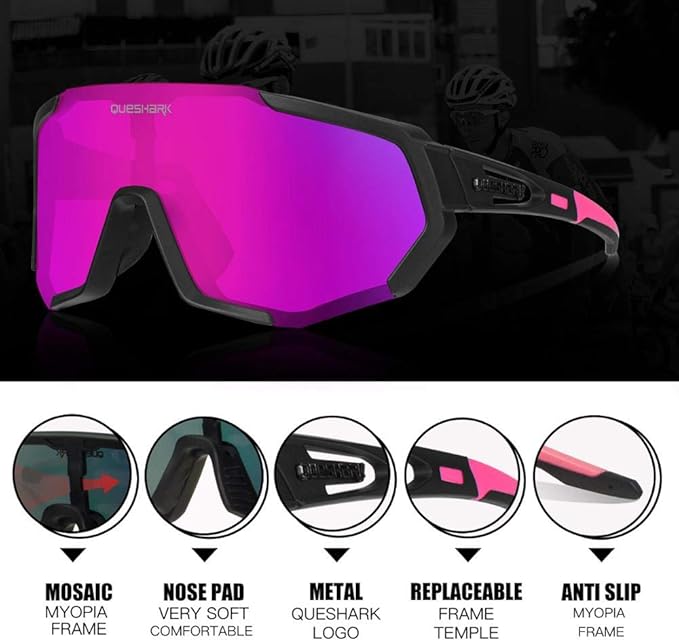 Queshark Cycling Glasses, Sports Sunglasses for Men Women, 1 Polarized 2 HD Lens, Polarized Sunglasses for Cycling Running