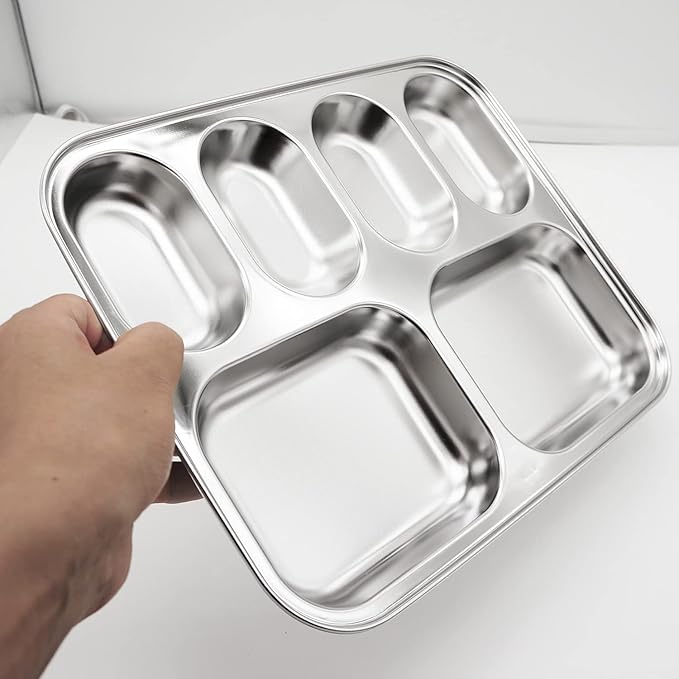 Korean Stainless Steel Divided Plates, Food Grade 304 Tray for Kids, Teens, Adults, Picky Eaters, BPA Free, 6 Sections, Diet Portion Control, Serving Platter, Dinner Snack, Set of 2