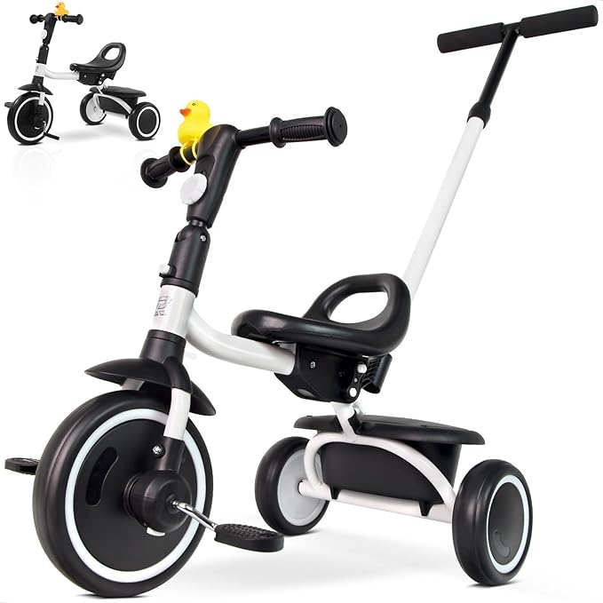 Tricycle for Toddlers 18 Months to 5 Years with Removable Push Handle, Tricycles for 3-5 Year Olds Ideal for On-The-Go Families, Adjustable Carry-Friendly Seat, White