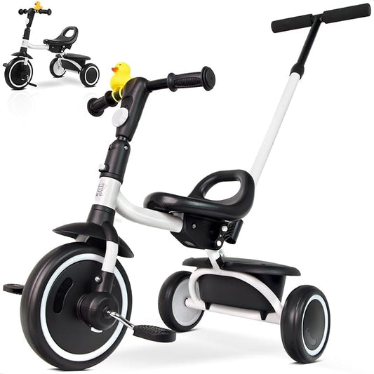 Tricycle for Toddlers 18 Months to 5 Years with Removable Push Handle, Tricycles for 3-5 Year Olds Ideal for On-The-Go Families, Adjustable Carry-Friendly Seat, White