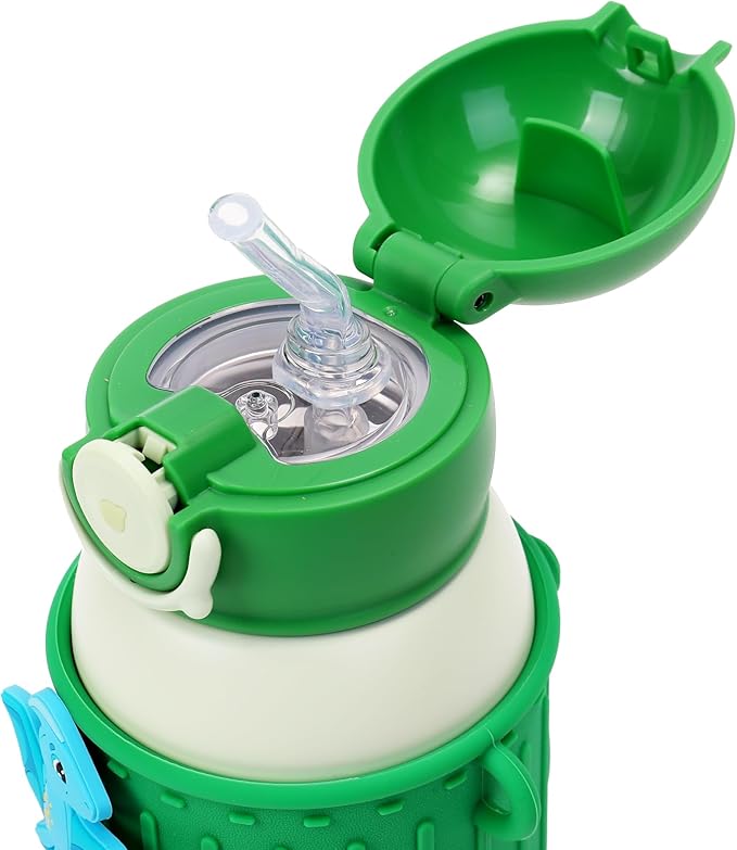 Kids Insulated Tumbler Set – 16 oz Stainless Steel Bottle with 2 Lids (Straw + Pour), Screw-On Cup, Adjustable Strap, Silicone Sleeve + 8 Charms – BPA-Free, Gift-Ready (Dinosaur)