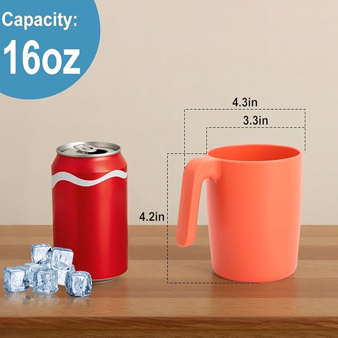 Wheat Straw Coffee Mugs Set of 6, Plastic Coffee Cups 16 OZ, Microwave and Dishwahser Safe Plastic Mugs with Handles, Unbreakable Camping coffee Mugs for Tea, Kitchen, RV - Multicolor