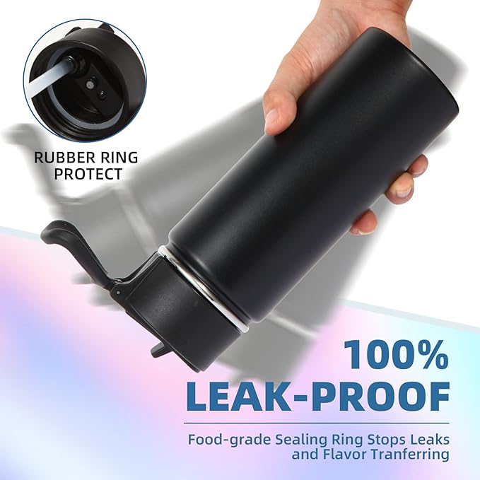 Volhoply 16 OZ Kids Water Bottle Bulk 4 Pack,Insulated Sports Bottles with Straw Lid,Stainless Steel Bottle with Handle Keep Cold & Hot,Double Wall Vacuum Tumbler Cups for School,Girls(Black, 4)