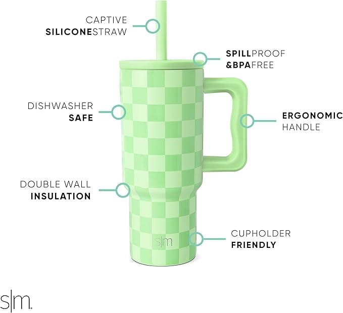 Simple Modern Kids 24 oz Tumbler with Handle and Silicone Straw Lid | Spill Proof and Leak Resistant | Reusable Stainless Steel Bottle | Gift for Kids Boys Girls | Trek Collection | Lime Checkmate