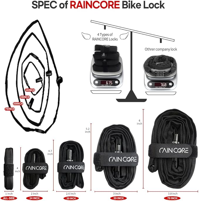 RAINCORE Light Weight Bike Cable Lock for Heavy Duti Anti Theft - 39inch (100cm) - 0.33lb (151g) - Bike Chain Lock with Chain Cutter Proof Fiber - Patented Korea - Security Cable (39 inches)