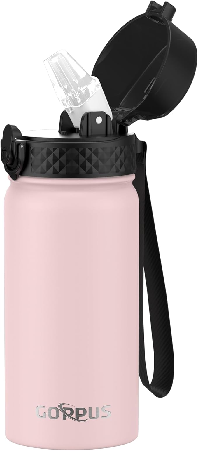 Kids Water Bottle, GOPPUS 14 Oz Stainless Steel Travel Bottle, Double Wall Vacuum Leak Proof Kids Cup for School Boys Girls,Pink