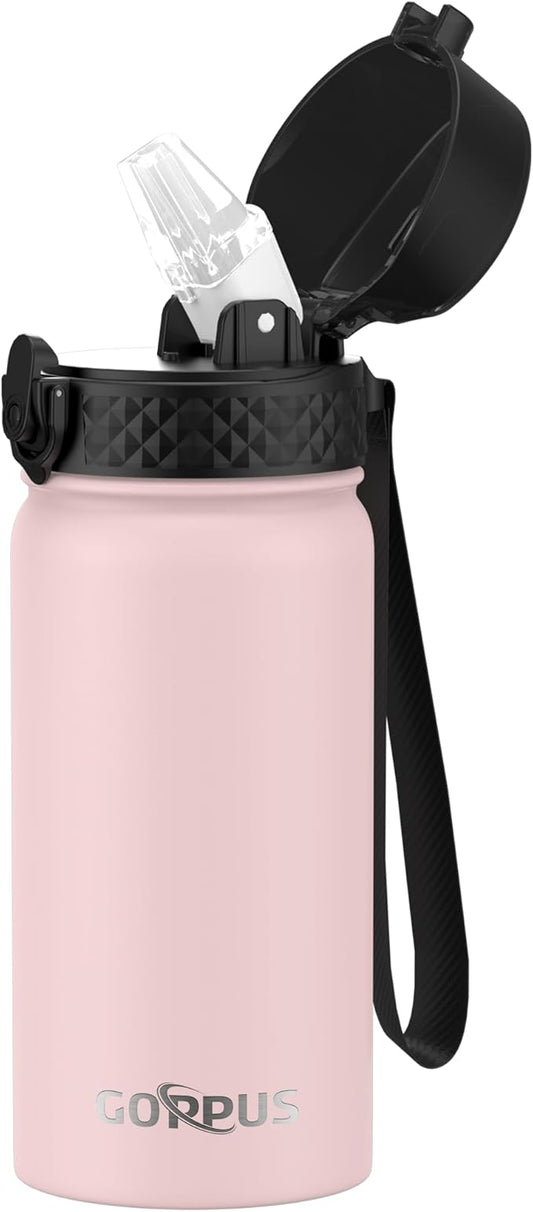 Kids Water Bottle, GOPPUS 14 Oz Stainless Steel Travel Bottle, Double Wall Vacuum Leak Proof Kids Cup for School Boys Girls,Pink