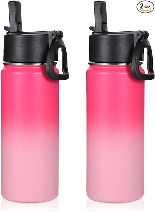 Volhoply 16 OZ Kids Water Bottle Bulk 2 Pack,Insulated Sports Bottles with Straw Lid,Stainless Steel Bottle with Handle Keep Cold & Hot,Double Wall Vacuum Tumbler Cups for School,Girls(Peach, 2)