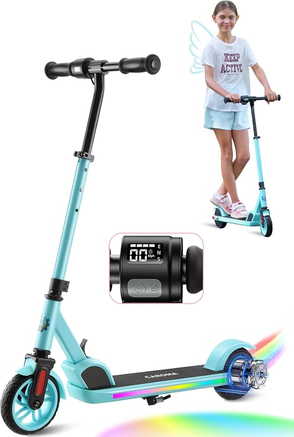 Caroma Electric Scooter for Kids Ages 6-14, 150W/180W Motor,10 MPH Max Speed & 7 Miles,Adjustable Height & Speed,Colorful Lights,LED Display,Foldable Kids Electric Scooter 132 Lbs Max Load