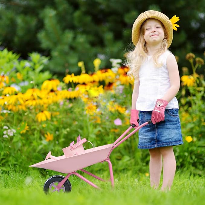 Kids Wheelbarrow Set Metal, Pink Child Wheel Barrel and Kids Gardening Tools Toddler, Garden Toys with Small Wheel Barrow, Outdoor Indoor Toys Gift for Girls