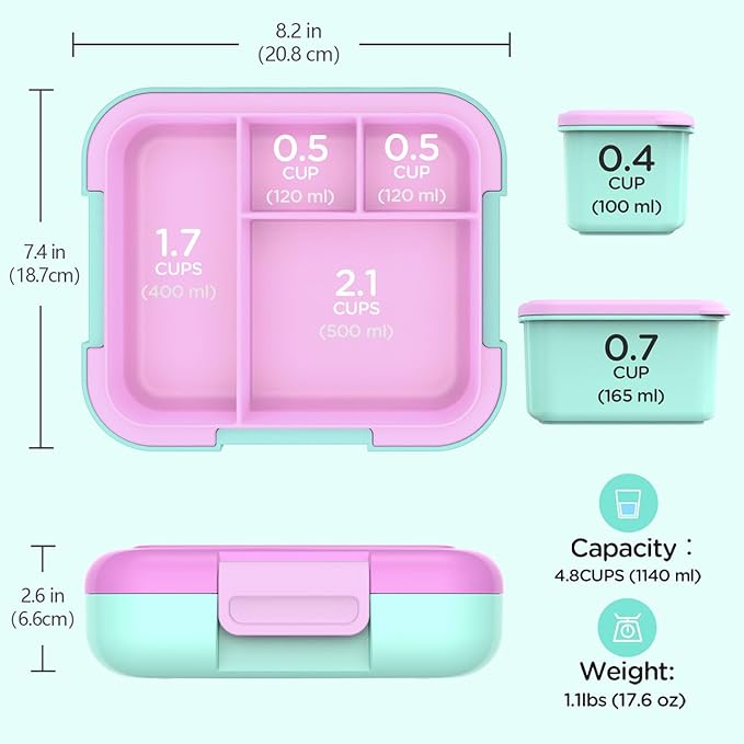 Caperci Bento Box for Kids - Large 4.8 Cups Lunch Box with Two Modular Containers - 4 Compartments, Leak-Proof, Portable Handle, Microwave/Dishwasher Safe, BPA-Free (Orchid/Light Cyan)