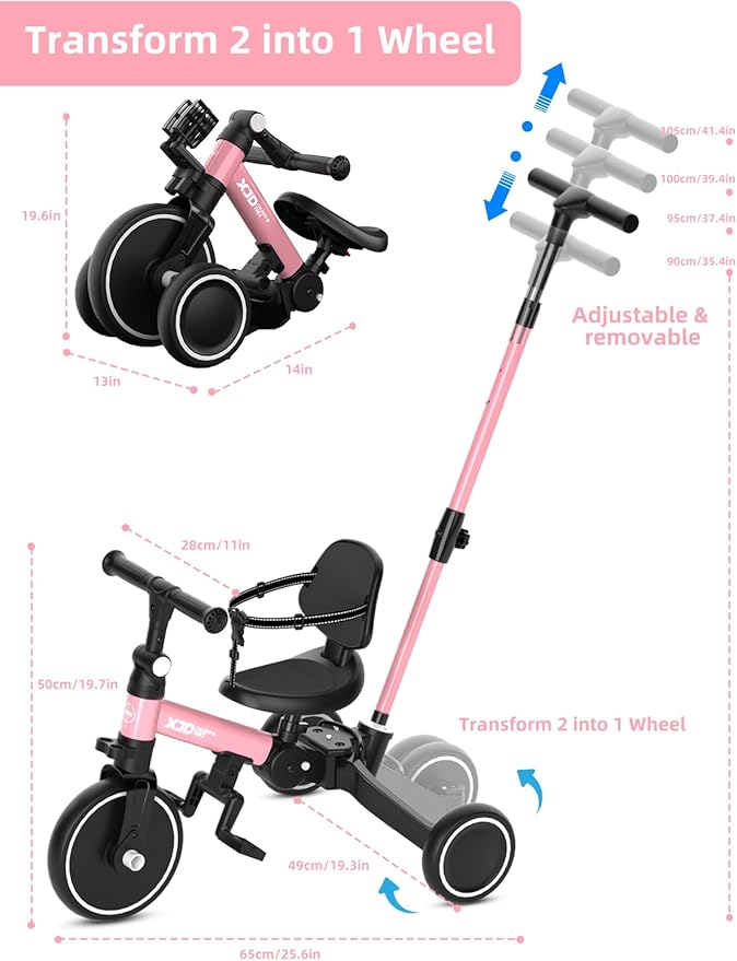 XJD Toddler Bike, 6 in 1 Folding Toddler Tricycle for 1-4 Year Old with Parental Control Handle, Balance Bike with Removable Pedal, Backrest, Adjustable Seat and Handle, First Birthday Gifts (Pink)