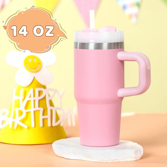 Cosictic 14 Oz Tumbler with Handle and Straw for Kids, Stainless Steel Double Wall Vacuum Insulated Cup for Children, 14 Oz Cups for Kids (Pink)