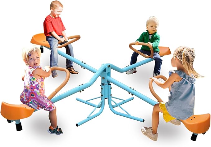 4-Seat Spinning Seesaw for Kids Outdoor - Heavy Duty Stainless Steel Teeter Totter, Backyard Playground Equipment Ages 3-8, Multi-Color Swivel Base (72"x72")