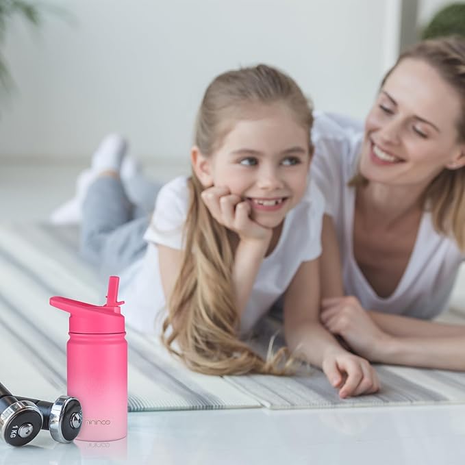 Mininoo Insulated Kids Water Bottle, 12 oz Stainless Steel Water Bottle Kids with Straw Lid and Chug Lid for Girls, Boys (Sweat Peach)