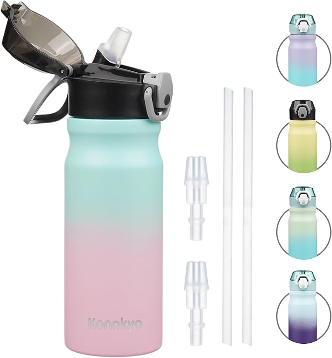 Insulated Water Bottle with Straw and Carry Loop,18 oz Stainless Steel Double Wall Vaccum Metal Water Flask with Leak-proof Lid,Gum