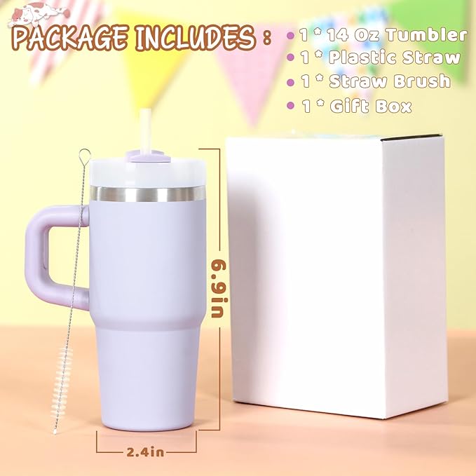 Cosictic 14 Oz Tumbler with Handle and Straw for Kids, Stainless Steel Double Wall Vacuum Insulated Cup for Children, 14 Oz Cups for Kids (Purple)