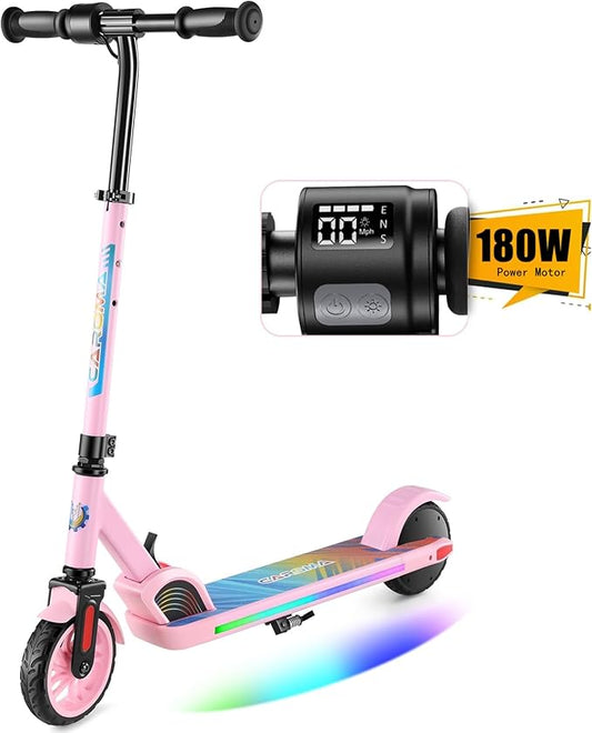 Caroma Electric Scooter for Kids Ages 6-14, 180W/150W Motor & 10 Mph, 85 Mins Ride Time, Adjustable Height & Speed, LED Display & Colorful Lights, Kids Electric Scooter, Best Gifts for Girls and Boy