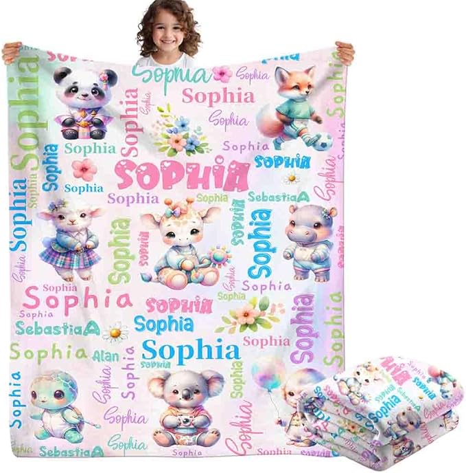 Custom Baby Girl Blanket with Name Personalized Cute Animal Blanket Customized Soft Throw Blanket for Newborn Toddler Teens Baby Shower Birthday