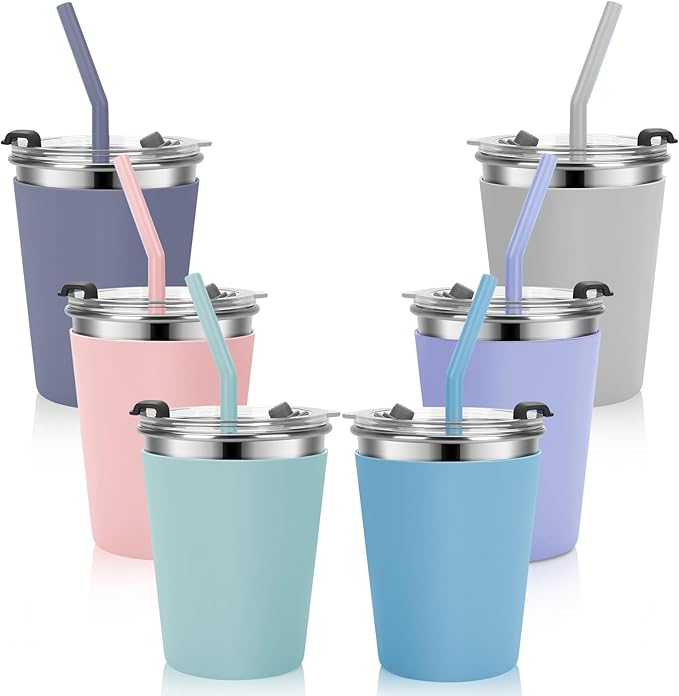 Kids Cups with Straws and Lids Leak Proof, 12oz Sippy Cups for Toddlers 1-3 No Spill, Spill Proof Cup Stainless Steel Kids Cup with Lids for School, Outdoor, 6 Pack