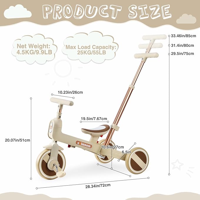 WEEROCK 6 in 1 Foldable Toddler Tricycle Kid Tricycles with/Without Parent Steering Push Handle Boys Girls Balance Bike for 1-6 Years Old Toy Gift, Beige