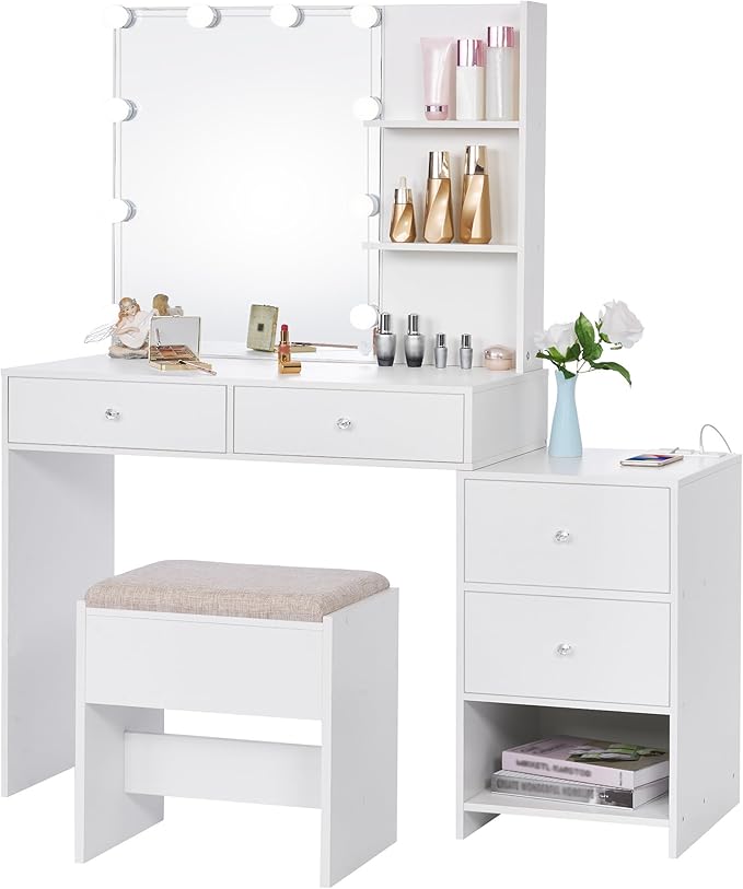 ANWBROAD Makeup Vanity Desk with Mirror & 10 LED Lights Big Vanity Set with Charging Station, Nightstand, Drawers, Storage Shelves, Stool, Bedroom Dressing Table for Women Girls White UBDT13W