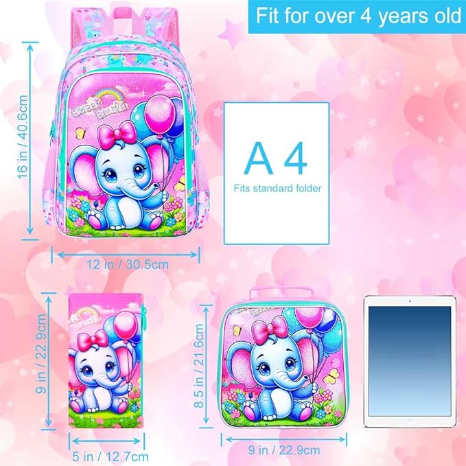 CCJPX 3PCS Backpack for Girls, 16”Elephant Bookbag with Lunch Box, Kids Water Resistant Elementary School Bag for Preschool Kindergarten Toddler