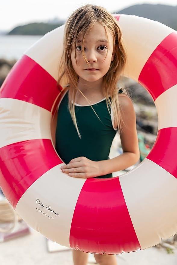 Petites-Pommes Pool Inflatables for Kids - Durable Inner Tube, Handprinted Classic Striped Design Pool Floats, Soft Comfort Seaming, Packable Floats for Travel, Bright Red, 35 inch