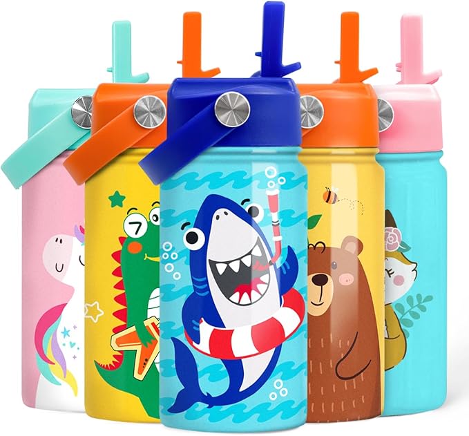 Shark Water Bottle - Kids Water Bottle with Straw Lid - 12 Oz Insulated Stainless Steel Water Bottles for Kid Boys - Travel Cup for School Sports