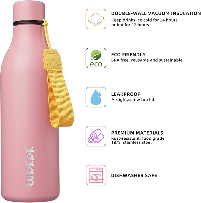 BJPKPK Insulated Water Bottles, 25 oz Stainless Steel Metal Water Bottle with Strap, BPA Free Leak Proof Thermos, Mugs, Flasks, Reusable Water Bottle for Sports & Travel, Light Pink