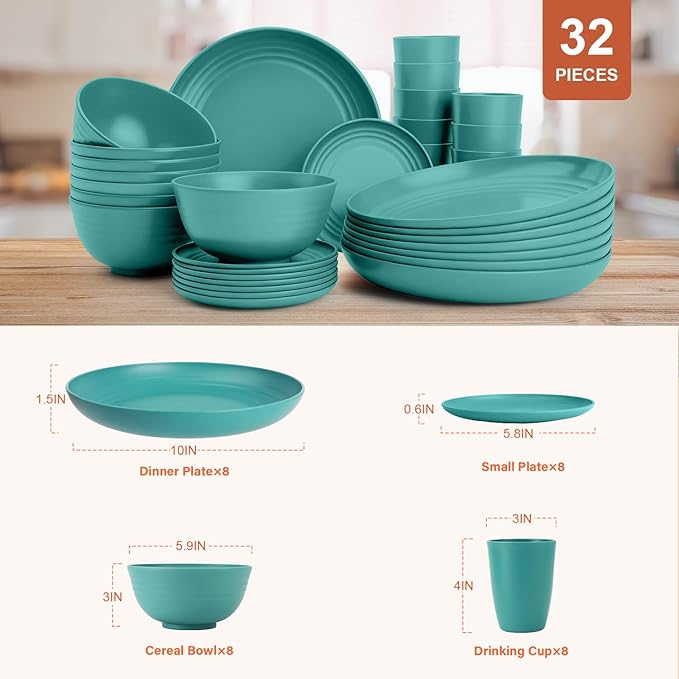 Wheat Straw Dinnerware Sets 32-Piece, Service for 8, Unbreakable Kitchen Dishes Set, Plastic Plates and Bowls Set with Cups, Microwave and Dishwasher Safe Dishware Set for Party- Green