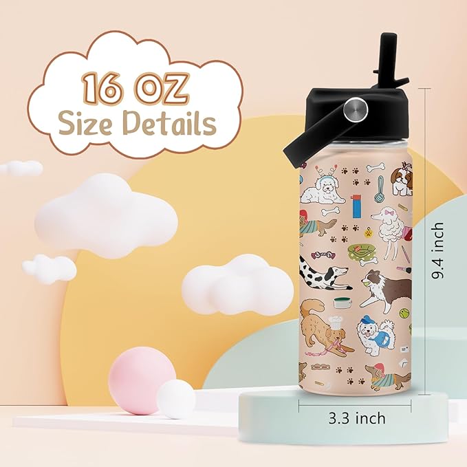 Dog Lovers Gifts, 16 oz Water Bottle with Straw Lid, Stainless Steel Insulated Tumbler, Cute Puppy Water Bottles, Dogs Cup Gifts