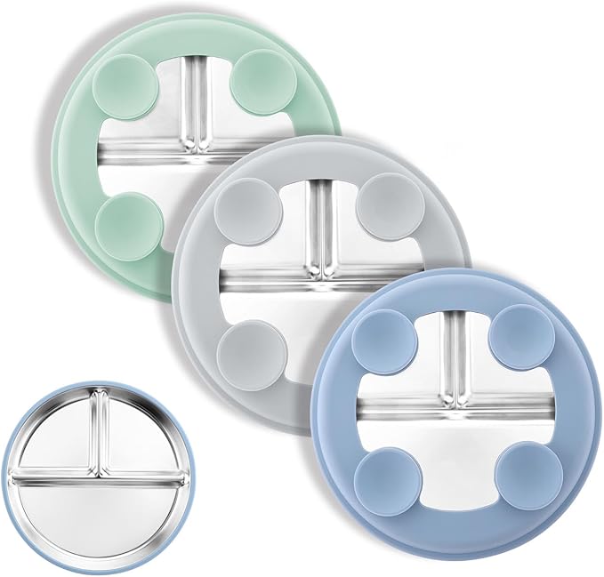 8" Stainless Steel Toddler Plates with Suction, Divided Plates with Removable Silicone Sleeves for Baby, Non Toxic & BPA Free |Unbreakable |Dishwasher Safe Dinnerware Set of 3, Blue Gray Sage