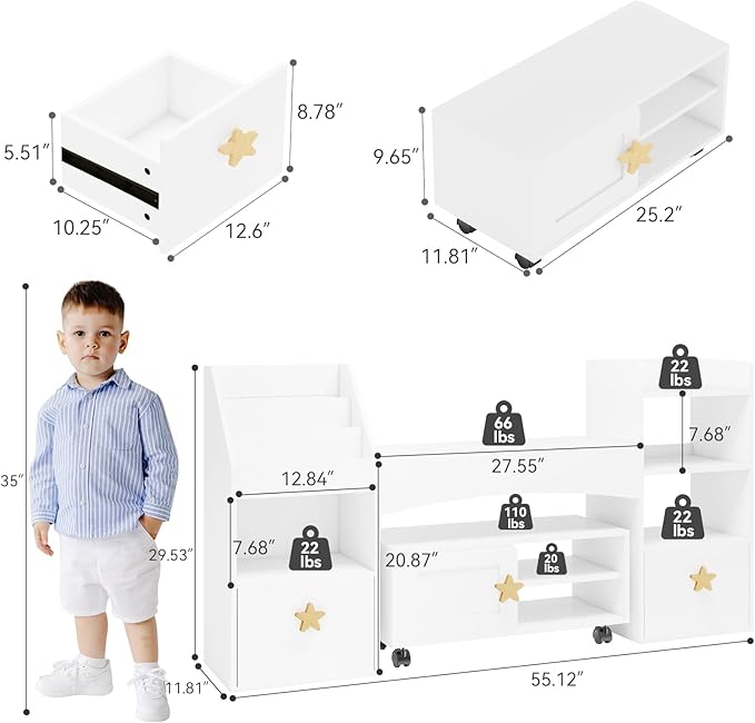 ELECWISH 55” Kids Bookshelf with Reading Nook, Kids Bookcase with Desk and Toy Storage Drawers, 6 Storage Cubbies and Storage Cabinet with Wheels for Kid's Bedroom, Playroom, School, White