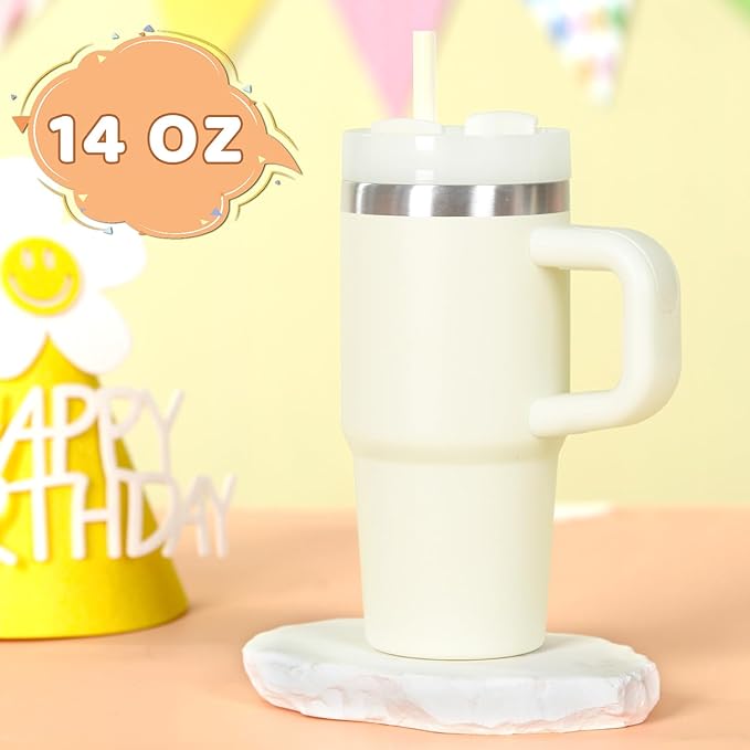 Cosictic 14 Oz Tumbler with Handle and Straw for Kids, Stainless Steel Double Wall Vacuum Insulated Cup for Children, 14 Oz Cups for Kids (Cream)