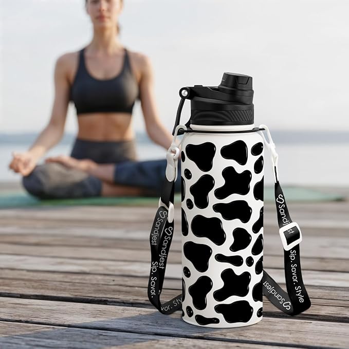 SANDJEST Cow Skin Stainless Steel Water Bottle with Strap 32oz, Insulated Bottles with Straw and Spout Lid for Gym Sports Travel Outdoor, Gifts for Women Girls Birthday Christmas
