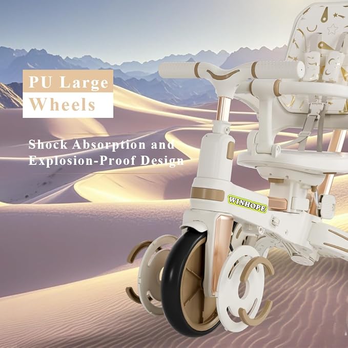 WinHope 9-in-1 Push Tricycle for Toddlers 1-3 Years | Convertible Kids Trike with Adjustable Parent Handle & Safety Harness, Lightweight Foldable Design + Storage Basket for Boys & Girls (White)