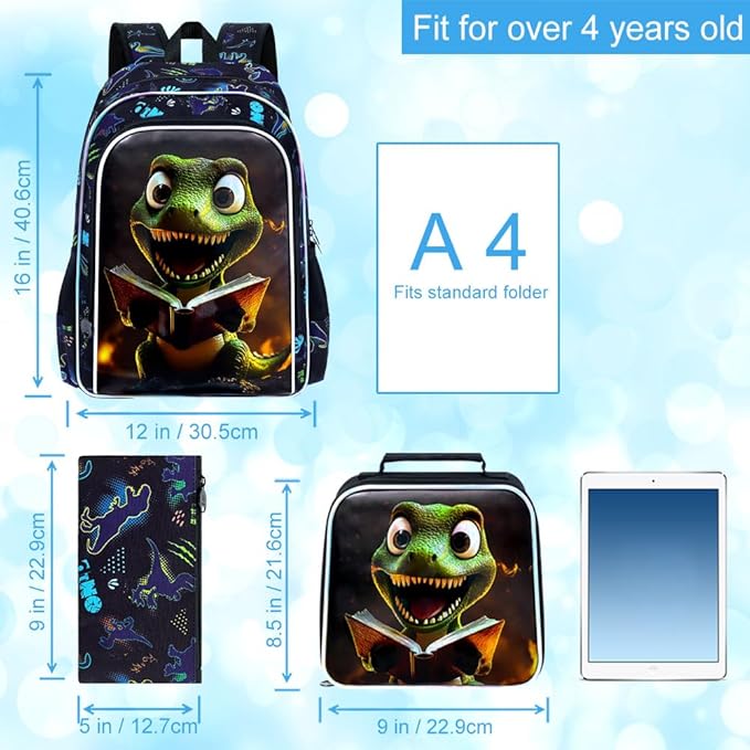 3Pcs Dinosaur Backpack for Boy, 16" Bookbag for Elementary Preschool Kindergarten, Kids School Backpacks with Lunch Box (Black)