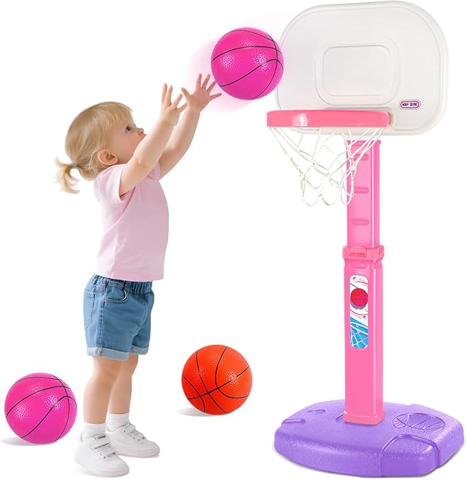 AOKESI Toddler Pink Basketball Hoop Indoor Outdoor Age 1-3, Adjustable Kids Mini Basketball Hoop Outside, Girls Basketball Goal Sport Toys for 1 2 3 4 5 Year Old Baby Girl Birthday Gifts