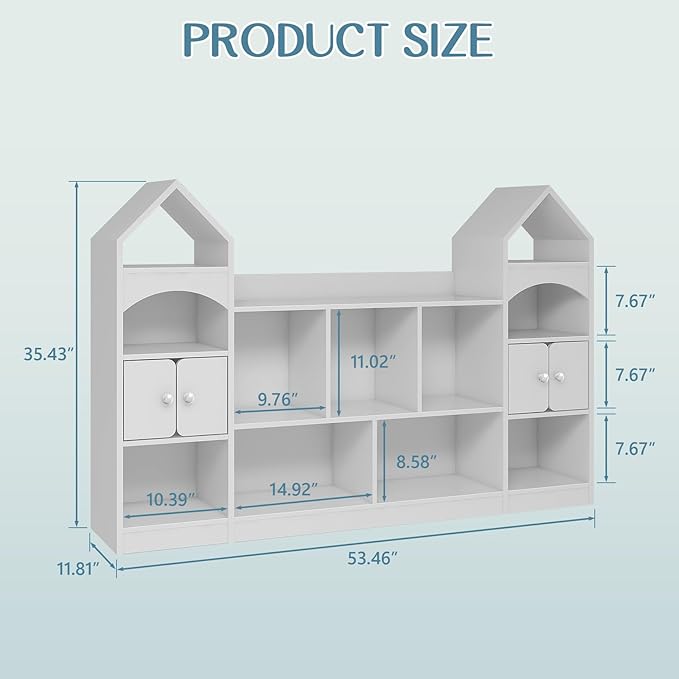 Vabches Kids Bookcase and Toy Storage Cabinet, Children Bookshelf, Castle Shape, Playroom Furniture Multipurpose Shelf for Toddlers to Organize Toys and Books Magic Castle, Cool White