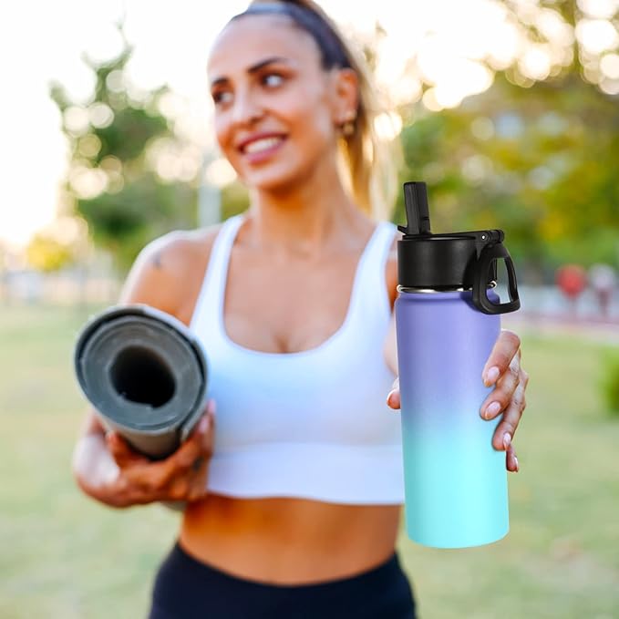 Volhoply 16 OZ Kids Water Bottle Bulk 2 Pack,Insulated Sports Bottles with Straw Lid,Stainless Steel Bottle with Handle Keep Cold & Hot,Double Wall Vacuum Tumbler Cups for School(Purple Blue, 2)