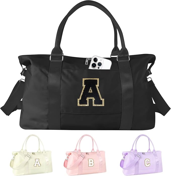 Dance Gym Duffel Bag for Teen Girls, Personalized Initial Travel Weekender Bag,Cute Overnight Carry On Duffle for Women,Sports Travel Cheer Bag,Monogram Christmas Gifts for Tween Preppy(black-A)