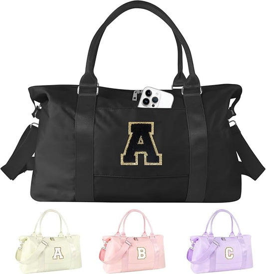 Dance Gym Duffel Bag for Teen Girls, Personalized Initial Travel Weekender Bag,Cute Overnight Carry On Duffle for Women,Sports Travel Cheer Bag,Monogram Christmas Gifts for Tween Preppy(black-A)